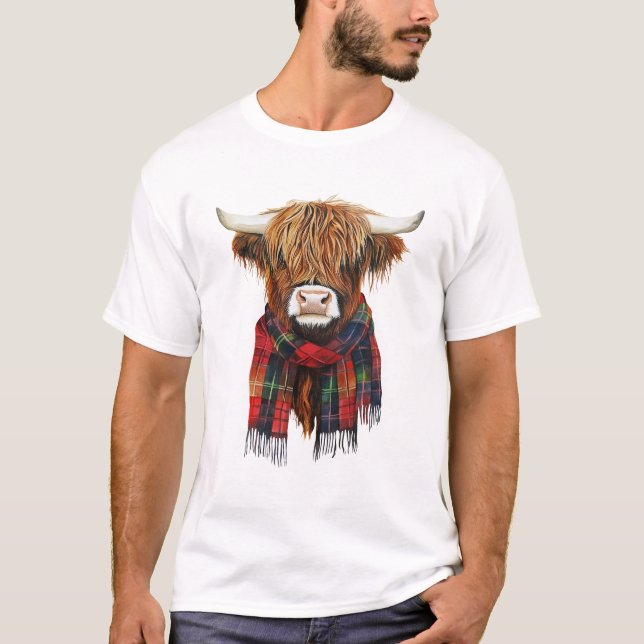 Niedliche Hochlandkuh mit Buffalo Karierte Scarf-F T-Shirt (Vorderseite)