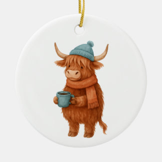 Niedliche Hochlandkuh mit Kaffee - Gemütlich Winte Keramik Ornament