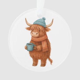 Niedliche Hochlandkuh mit Kaffee - Gemütlich Winte Ornament