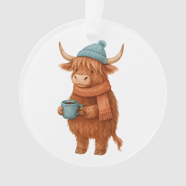Niedliche Hochlandkuh mit Kaffee - Gemütlich Winte Ornament (Vorderseite)