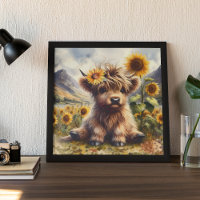 Niedliche Hochlandkuh mit Sonnenblumen