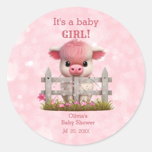 Niedliche Hochlandkuh Pink Babydusche Personalisie Runder Aufkleber (Vorderseite)