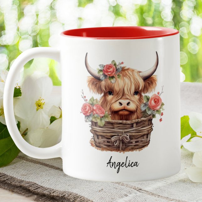 Niedliche Hochlandkuh Pink Floral Wasserfarbe Rose Zweifarbige Tasse (Von Creator hochgeladen)