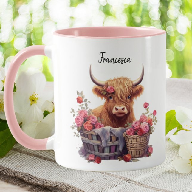Niedliche Hochlandkuh Pink Pasta Floral Wasserfarb Tasse (Von Creator hochgeladen)