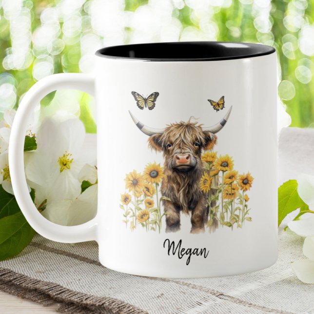 Niedliche Hochlandkuh Sonnenblumen Blütenblumen Pe Zweifarbige Tasse (Von Creator hochgeladen)