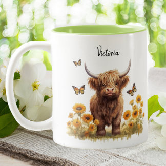 Niedliche Hochlandkuh Sonnenblumen Blütenschmetter Zweifarbige Tasse