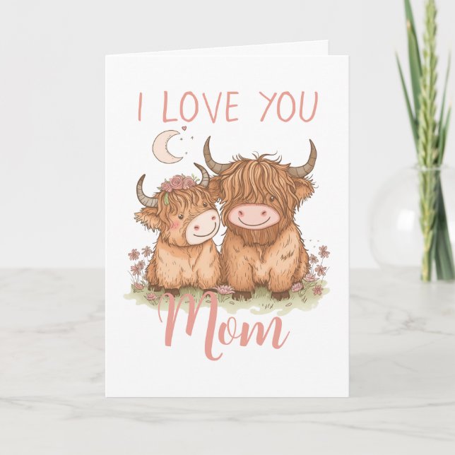 Niedliche Hochlandkuh und Mama I Liebe Sie Muttert Karte (Vorderseite)