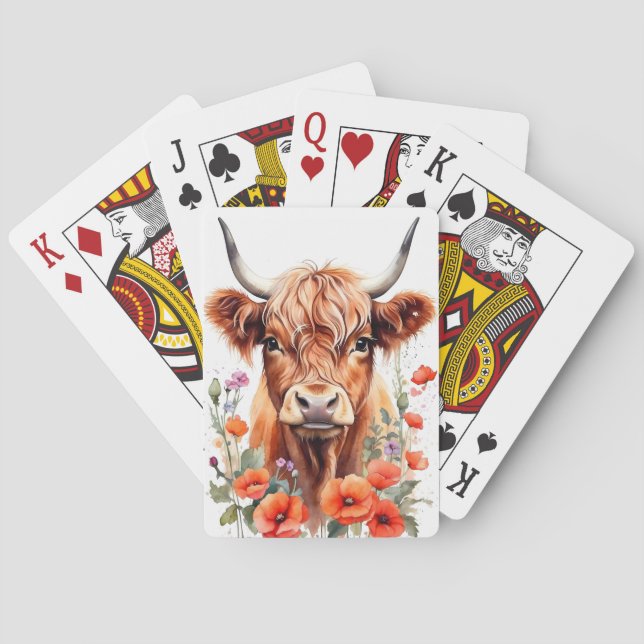 Niedliche Hochlandkuh- und Mohnfarben-Blume Spielkarten (Rückseite)