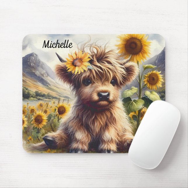 Niedliche Hochlandkuh und Sonnenblumen mit Namen Mousepad (Mit Mouse)