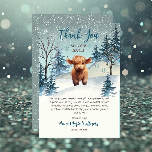 Niedliche Hochlandwinterdusche Dankeskarte (Cute Highland Calf Winter Woodland Thank You Card -- Holy Cow Series)