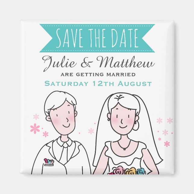 Niedliche Hochzeit Couple Doodle Save the Date nac Magnet (Vorne)