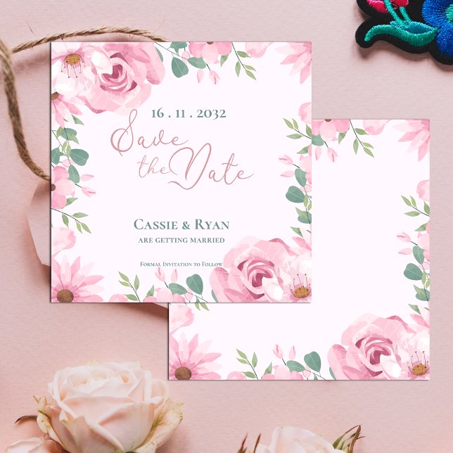Niedliche Hochzeit in Aquarellfarbe Rosa Blütenblü (Cute Watercolor Pink Floral Wedding Save the Date)