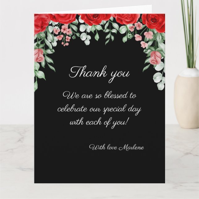 Niedliche Hochzeit in Schwarz und Rot Dankeskarte (Vorderseite)