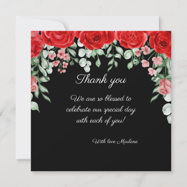 Niedliche Hochzeit in Schwarz und Rot Dankeskarte (Vorderseite)
