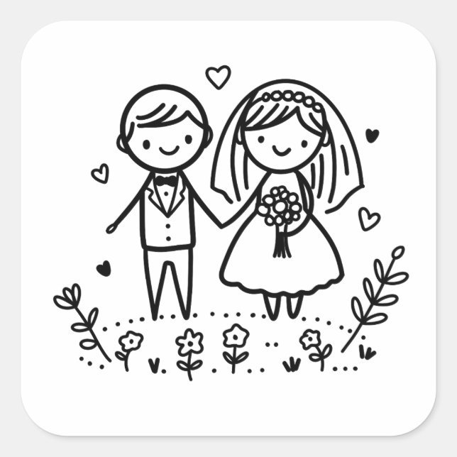 Niedliche Hochzeit mit Strichmännchen Quadratischer Aufkleber (Vorderseite)