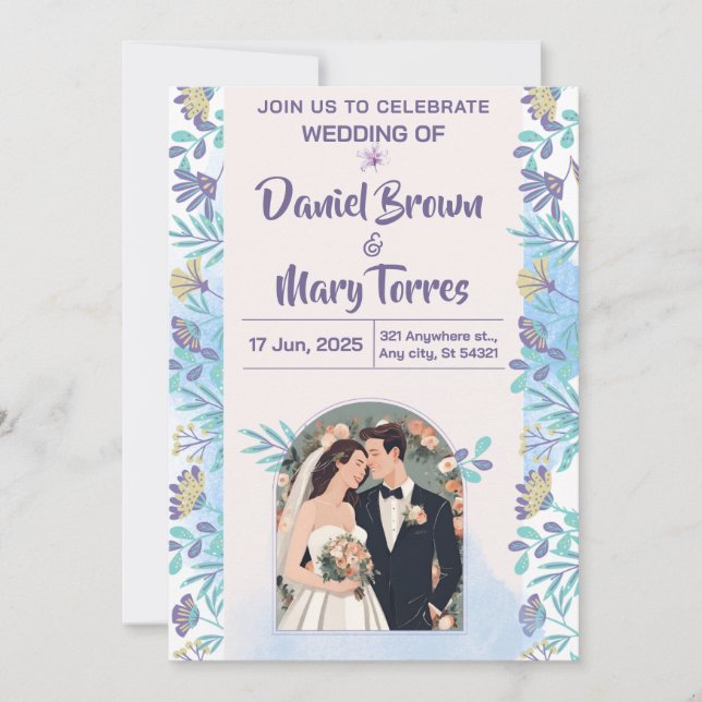 Niedliche Hochzeitseinladung Blau Lila Einladung (Vorderseite)
