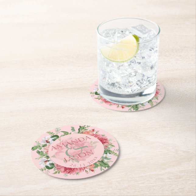 Niedliche Hochzeitsfeier mit Hübschem Blumenmuster Runder Pappuntersetzer (Vor Ort)
