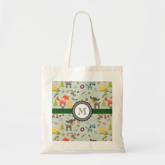 Niedliche Holzkreaturen Tiermuster-Monogramm Tragetasche (Vorne)