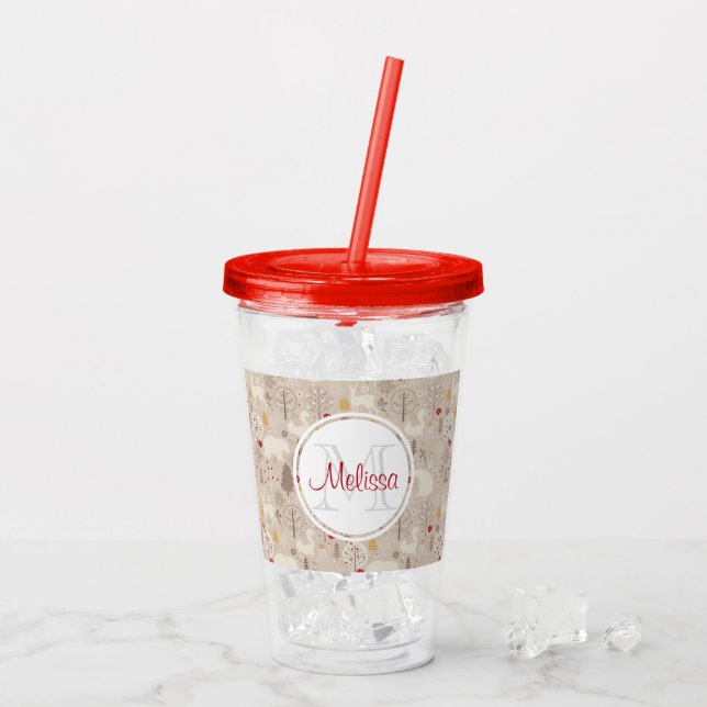 Niedliche Holztiere Nordic Muster Monogramm Acryltrinkbecher (Rückseite Ice)
