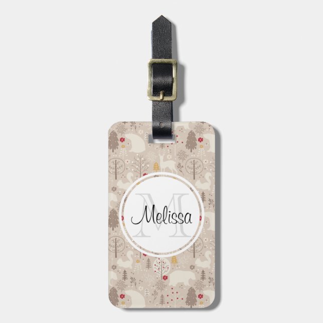 Niedliche Holztiere Nordic Muster Monogramm Gepäckanhänger (Vorderseite vertikal)