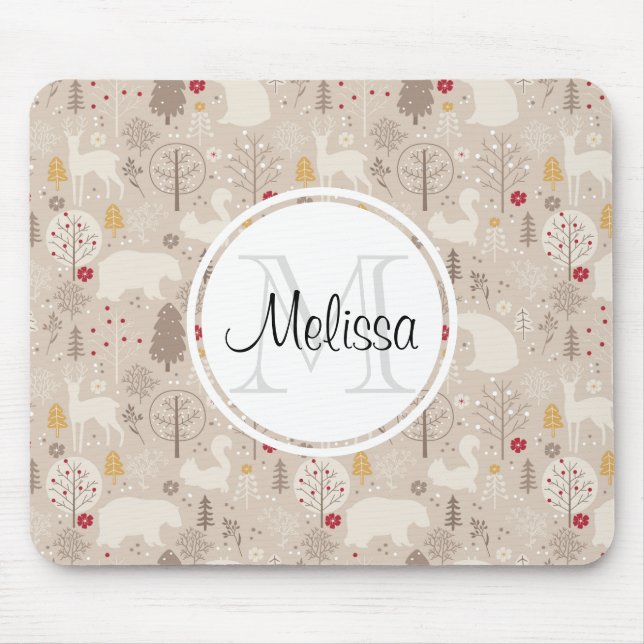 Niedliche Holztiere Nordic Muster Monogramm Mousepad (Vorne)