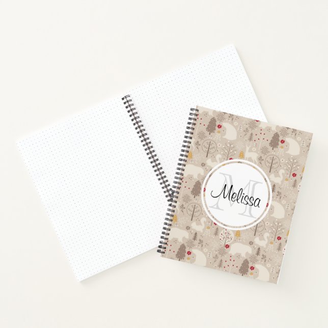 Niedliche Holztiere Nordic Muster Monogramm Notizbuch (Innenseite)