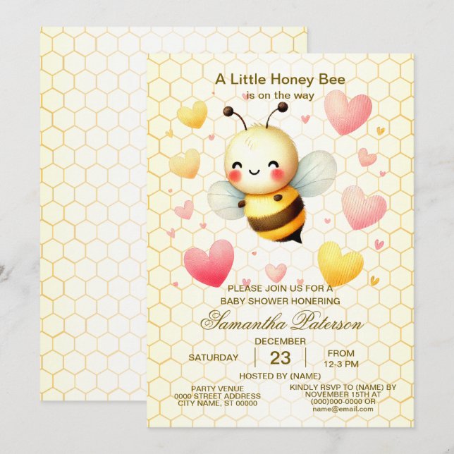 Niedliche Honey Bee Baby Dusche Einladung (Vorne/Hinten)