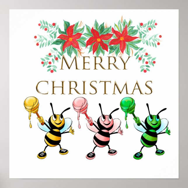 Niedliche Honey Bees Gold Frohe Weihnachten Poster (Vorne)