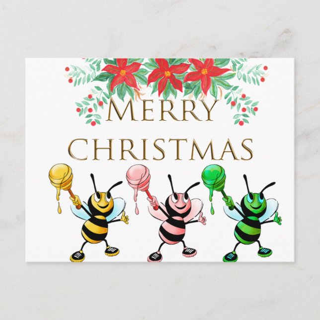 Niedliche Honey Bees Gold Frohe Weihnachten Postkarte (Vorderseite)