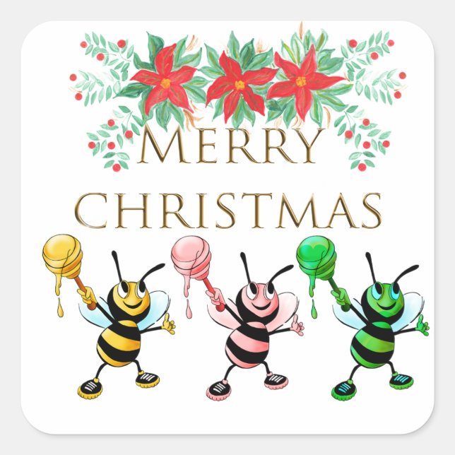 Niedliche Honey Bees Gold Frohe Weihnachten Quadratischer Aufkleber (Vorderseite)
