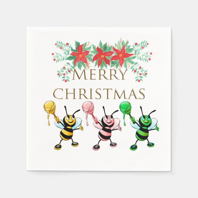 Niedliche Honey Bees Gold Frohe Weihnachten Serviette (Vorderseite)