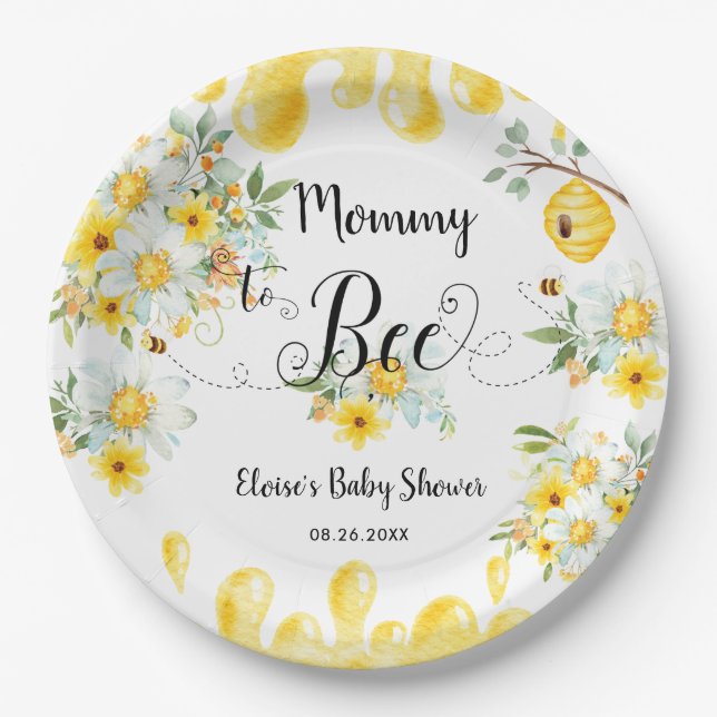 Niedliche Honey Bees Yellow Floral Baby Dusche Pappteller (Vorderseite)