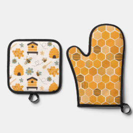 Niedliche Honeycomb Happy Funny Bee Yellow Pattern Ofenhandschuh & Topflappen-Set