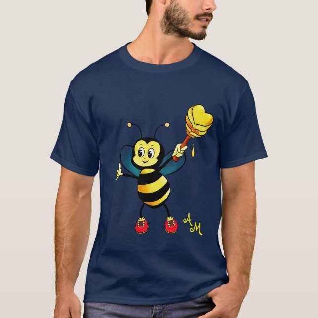 Niedliche Honigbiene mit Herz und Monogramm T-Shirt (Vorderseite)