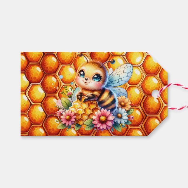 Niedliche Honigbiene und Honeycomb Themed Baby Dus Geschenkanhänger (Vorderseite (Horizontal))