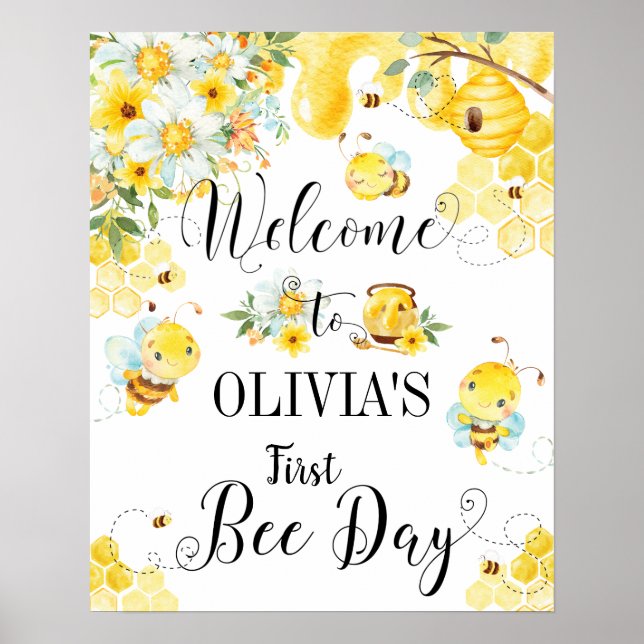 Niedliche Honigbienen Erster Geburtstag Begrüßungs Poster (Vorne)