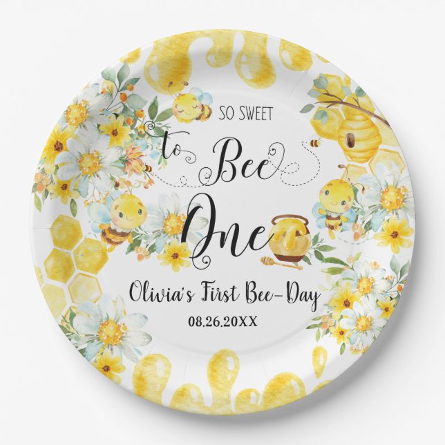 Niedliche Honigbienen Gelbe Blüte 1. Geburtstag 1 Pappteller (Vorderseite)