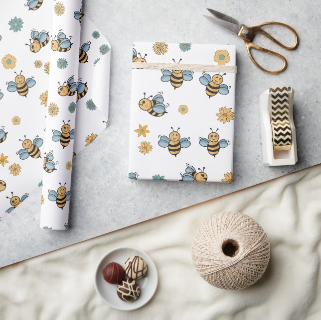 Niedliche Honigbienen und florale Wildblumen Geschenkpapier (Kunsthandwerk)