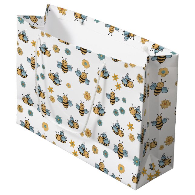 Niedliche Honigbienen und florale Wildblumen Große Geschenktüte (Vorderseite Schrägansicht)