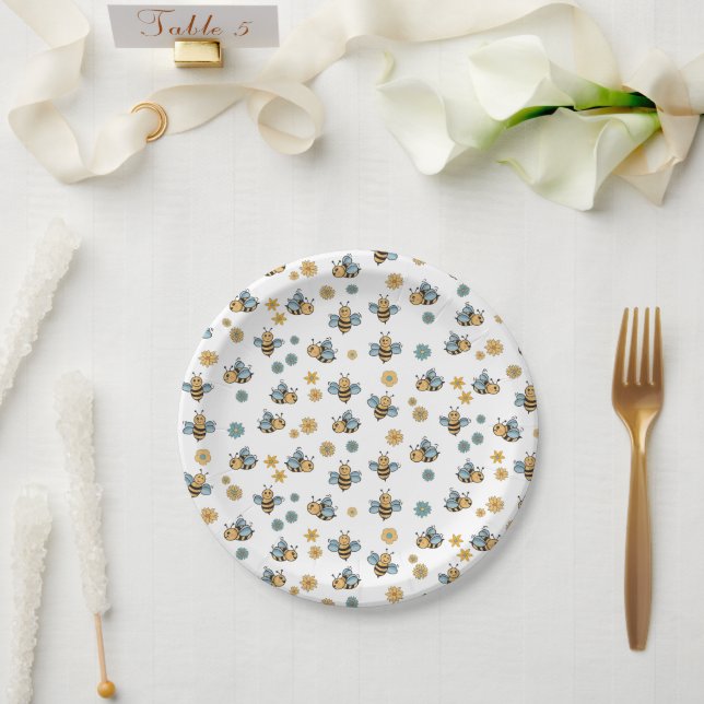 Niedliche Honigbienen und florale Wildblumen Pappteller (Hochzeit)