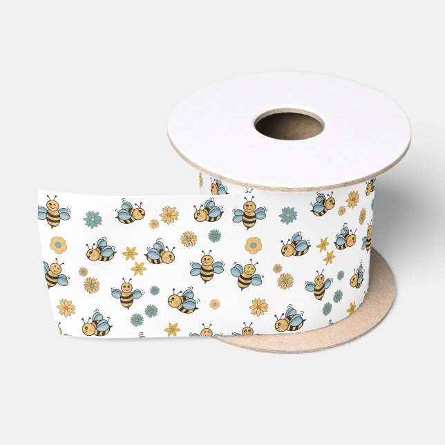 Niedliche Honigbienen und florale Wildblumen Satinband (Spule)