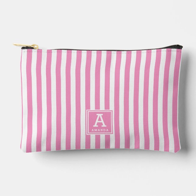 Niedliche  Hot Rose Rosa Streifen Mit Monogramm In Zubehörtasche (Vorderseite)