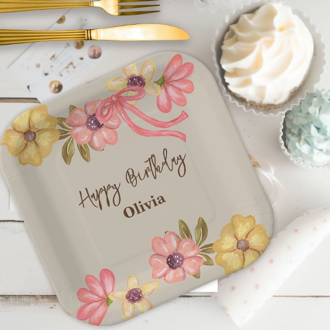 Niedliche Hübsche Blume der Blüte Rosa Bow Geburts Pappteller (Von Creator hochgeladen)