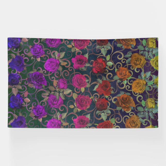 Niedliche Hübsche Damast-Rainbow-Rose mit Wirbel Banner (Horizontal)