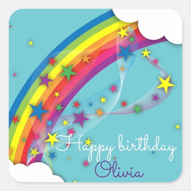 Niedliche Hübsche Girly Rainbow Stars Sky and Clou Quadratischer Aufkleber (Vorderseite)