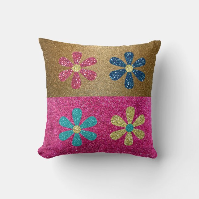 Niedliche Hübsche Gold Pink Glitzer Girl Blume Kissen (Vorderseite)