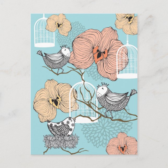Niedliche Hübsche Vintage Blütenvögel und Vogelkäf Postkarte (Vorderseite)