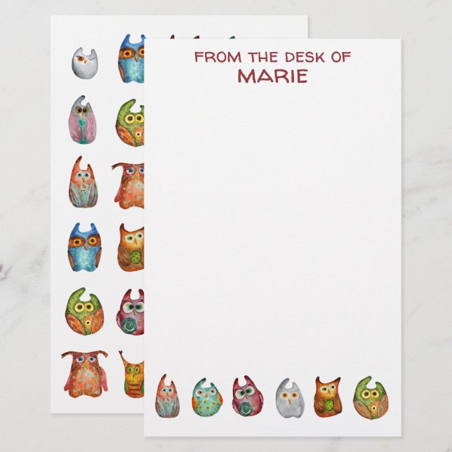 Niedliche Hübsche Wasserfarbenfrohe Owles Moderne Briefpapier (Vorne/Hinten)