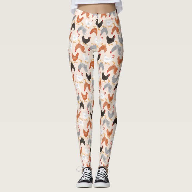 Niedliche Hühner auf heller Beige Leggings (Vorderseite)