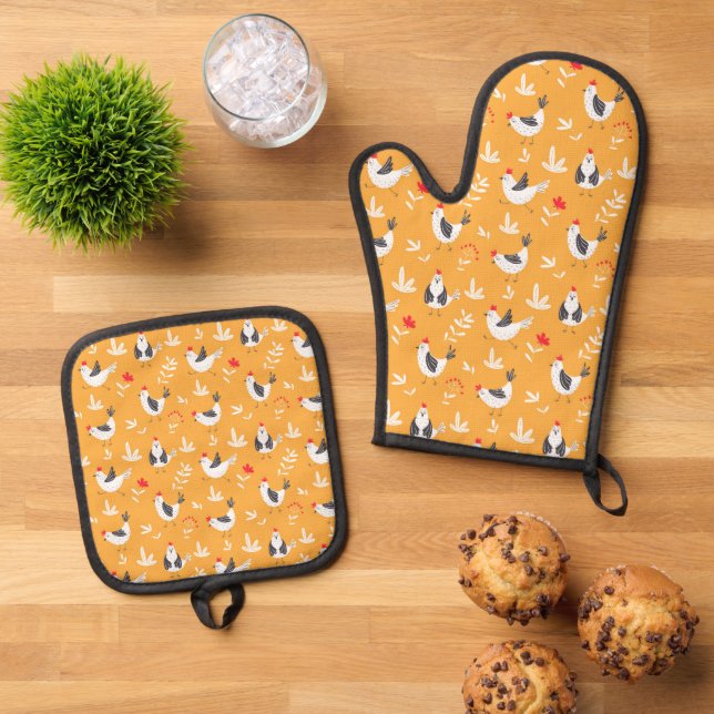 Niedliche Hühner Ofenhandschuh & Topflappen-Set (Oben Unten)